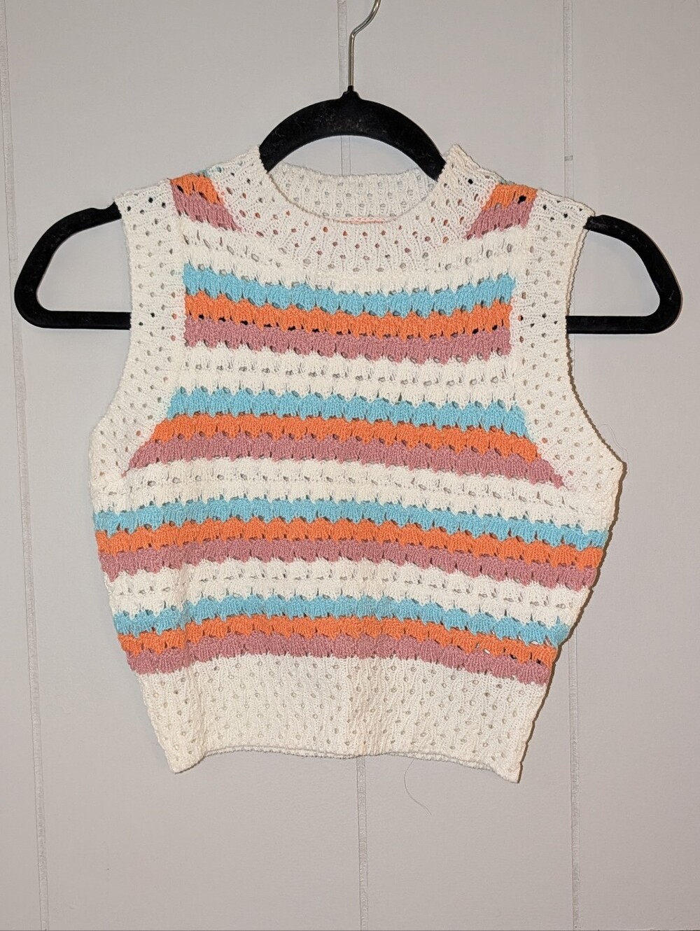 S Crochet Striped Knit Crop Tank - Cream, Peach & Aqua - Picture 1 of 4